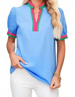 NEW STYLE USA puff sleeve stripe trim top in blue